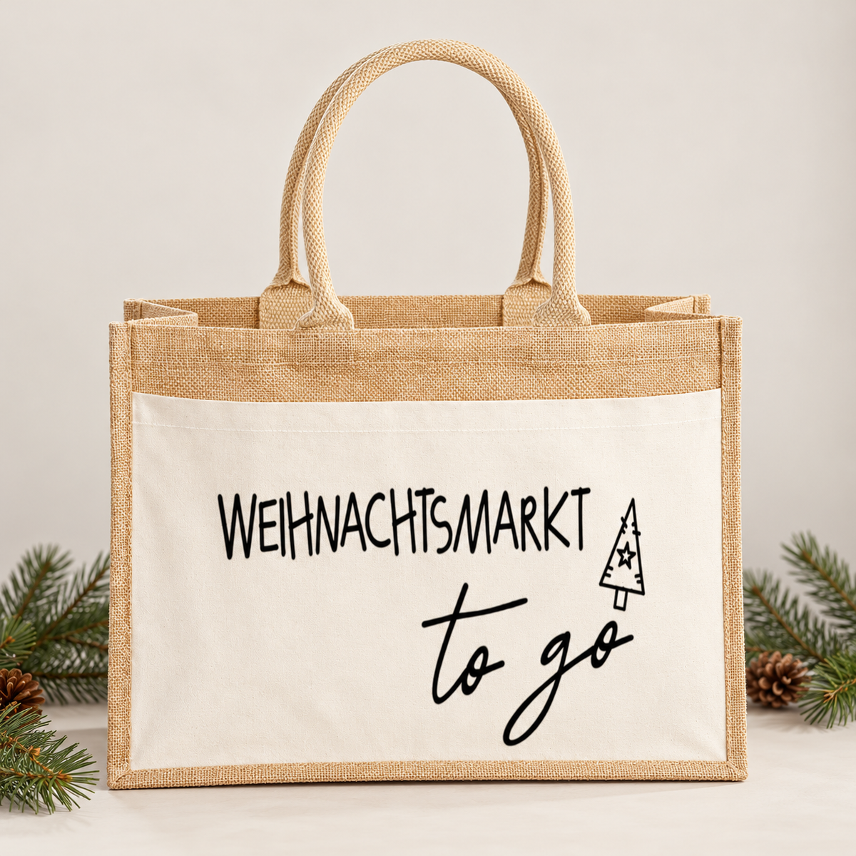 Weihnachtsmarkt to go Jutetasche mit bedruckter Baumwoll-Fronttasche