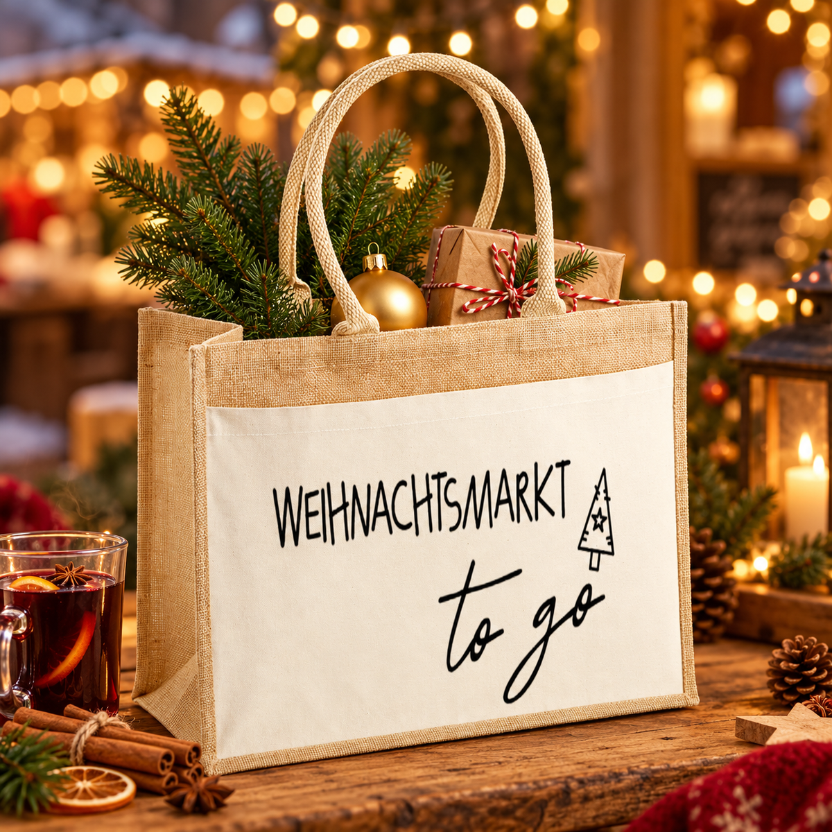 Weihnachtsmarkt to go Jutetasche als Geschenkidee mit Christbaumkugel und Glühwein