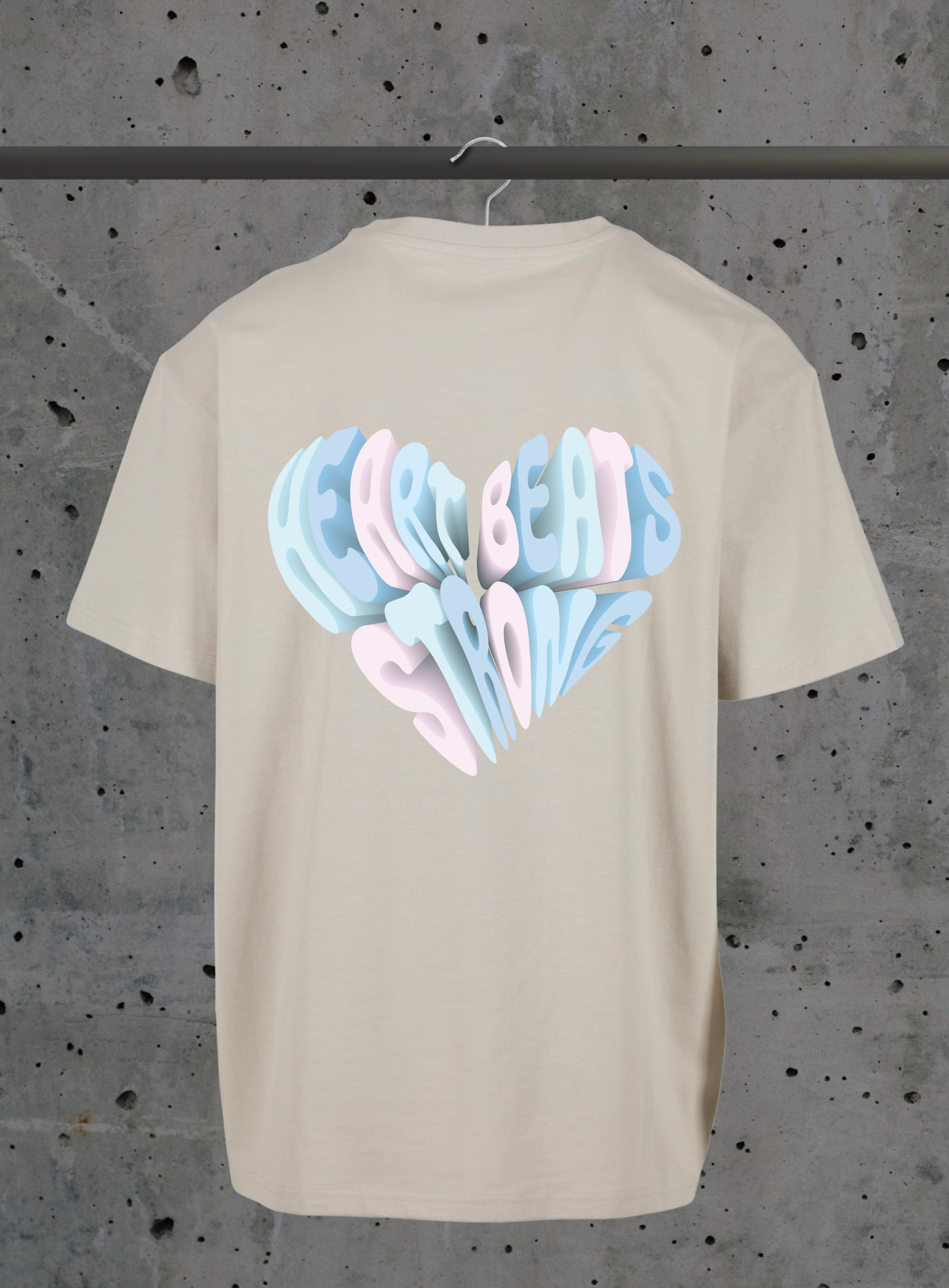 Heart Beats Strong T-Shirt – 3D Herz Typografie Design Pastell | 3DDigitaldruck