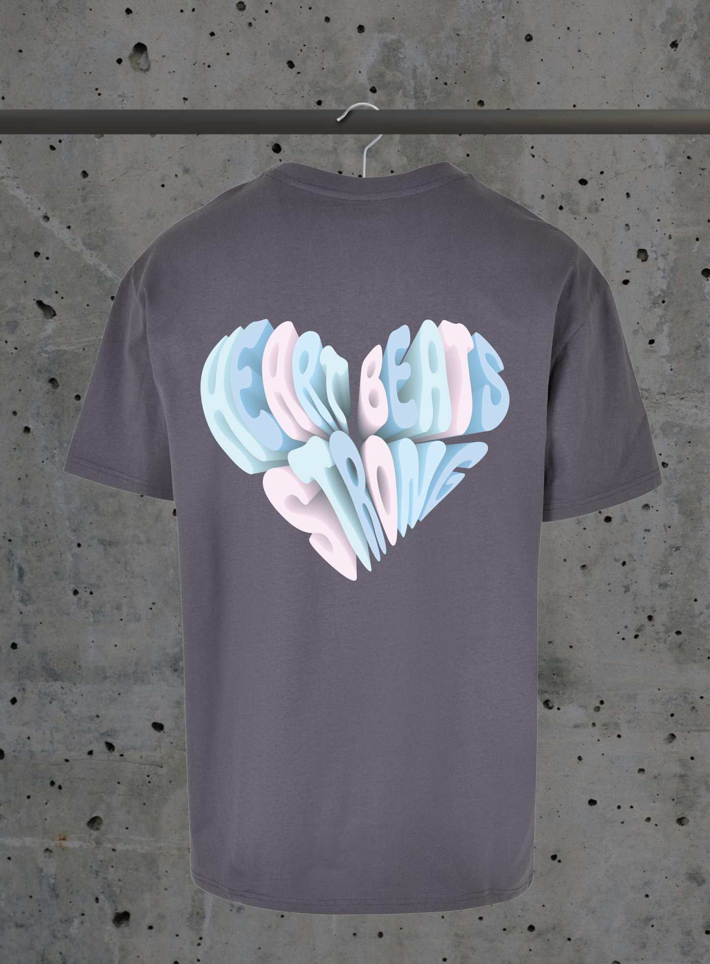 Heart Beats Strong T-Shirt – 3D Herz Typografie Design Pastell | 3DDigitaldruck