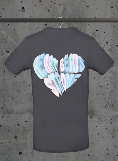 Heart Beats Strong T-Shirt – 3D Herz Typografie Design Pastell | 3DDigitaldruck