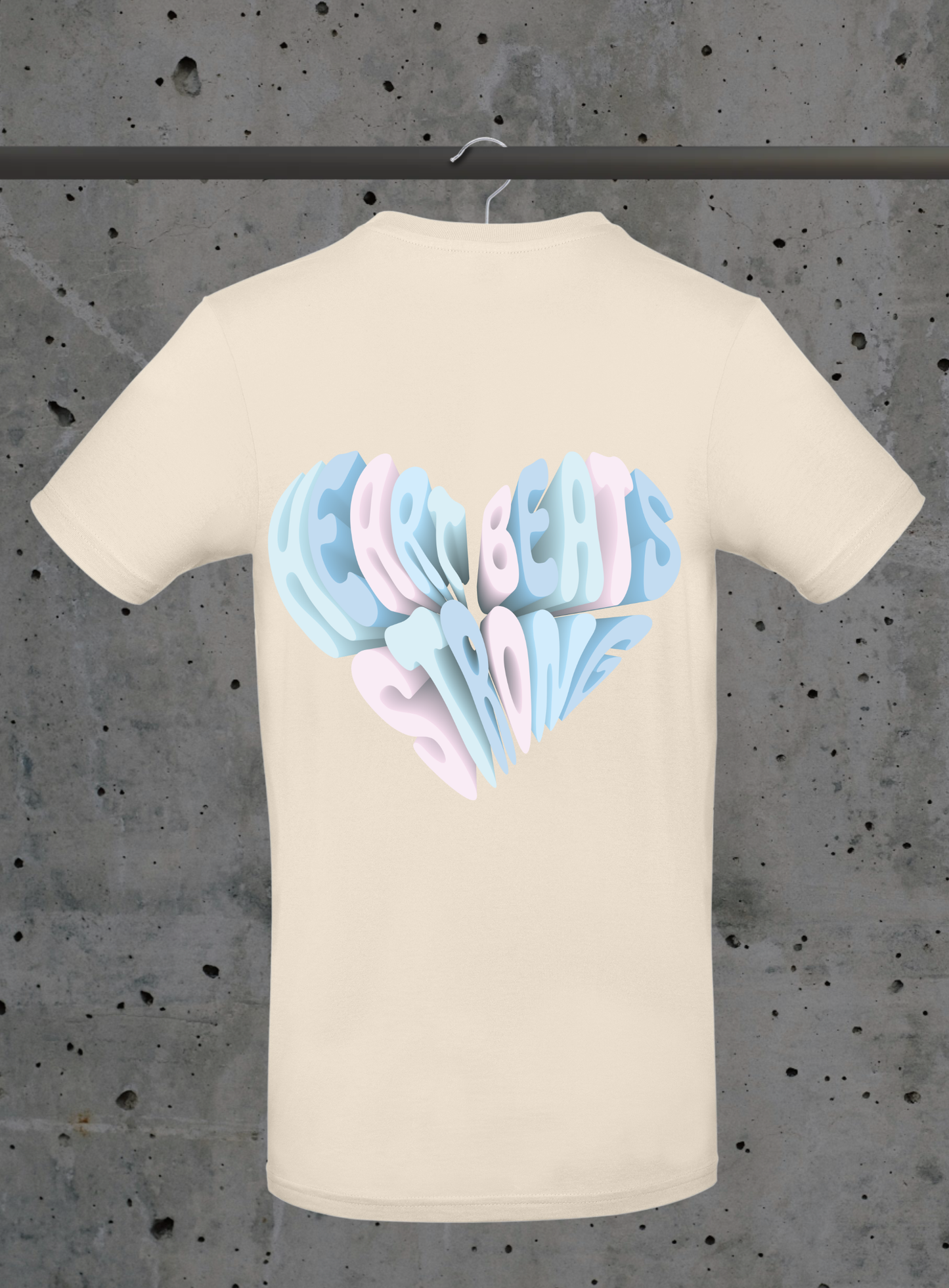 Heart Beats Strong T-Shirt – 3D Herz Typografie Design Pastell | 3DDigitaldruck