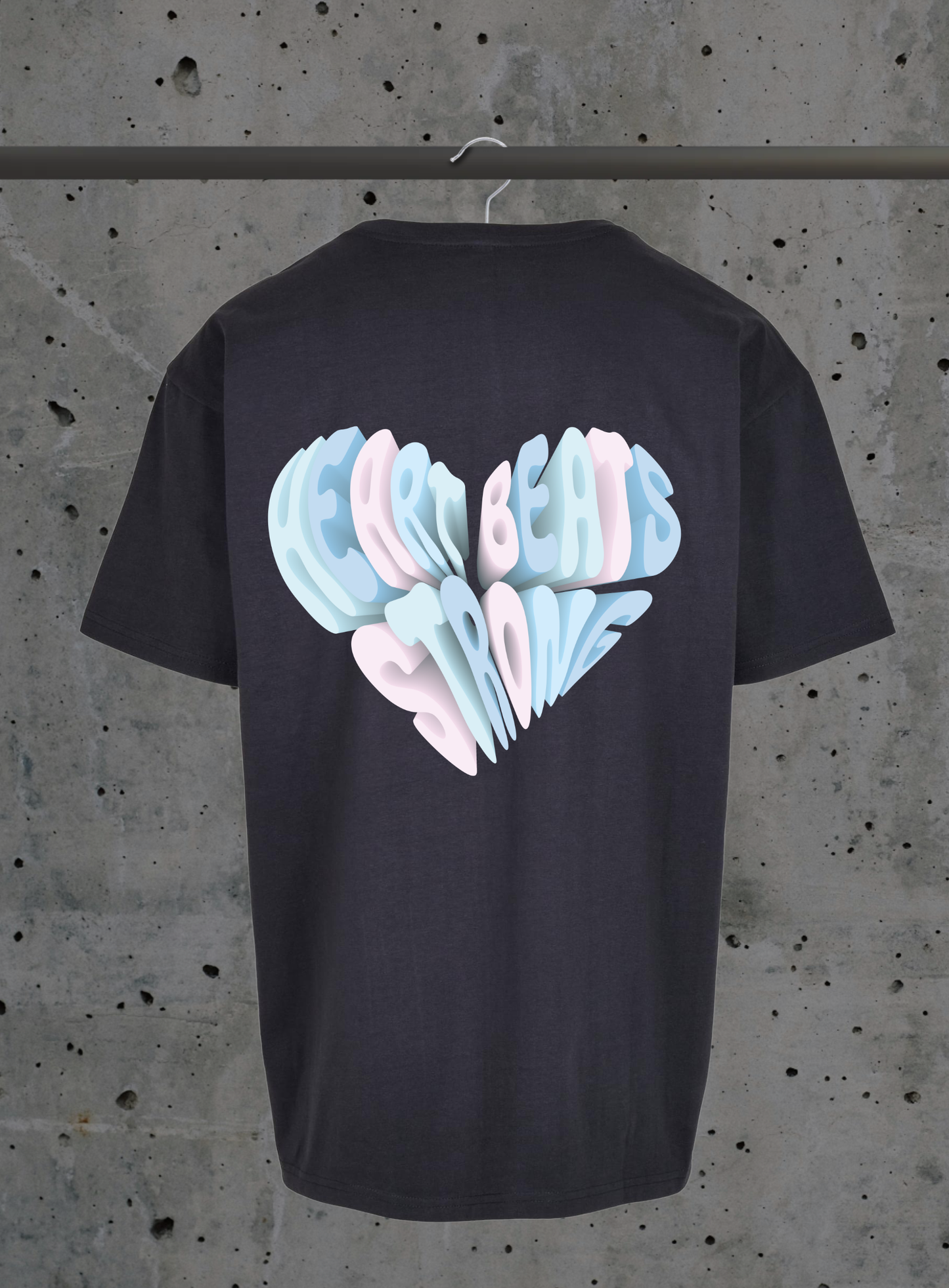 Heart Beats Strong T-Shirt – 3D Herz Typografie Design Pastell | 3DDigitaldruck