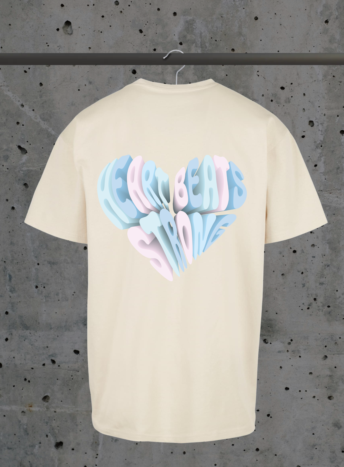 Heart Beats Strong T-Shirt – 3D Herz Typografie Design Pastell | 3DDigitaldruck