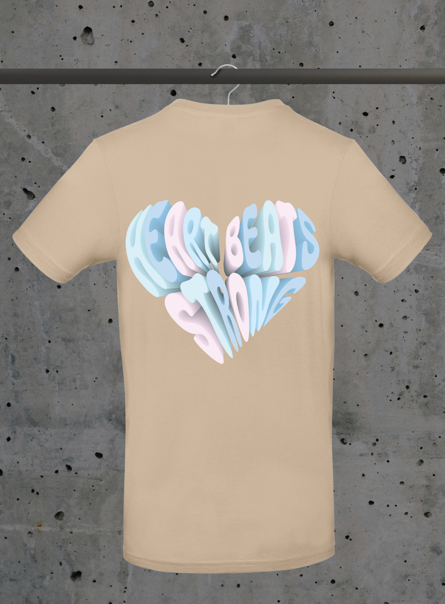 Heart Beats Strong T-Shirt – 3D Herz Typografie Design Pastell | 3DDigitaldruck
