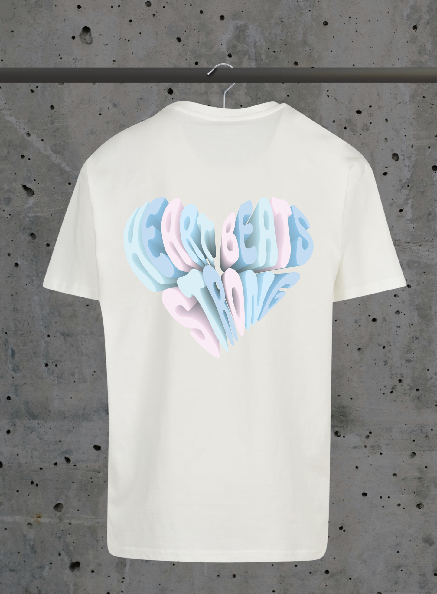 Heart Beats Strong T-Shirt – 3D Herz Typografie Design Pastell | 3DDigitaldruck