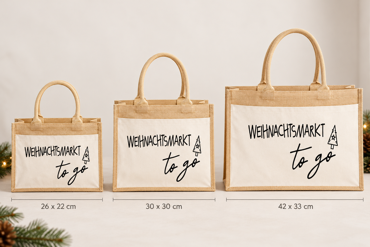 Weihnachtsmarkt to go Jutetasche in den Größen S, M und L im Vergleich