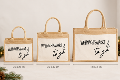 Weihnachtsmarkt to go Jutetasche in den Größen S, M und L im Vergleich